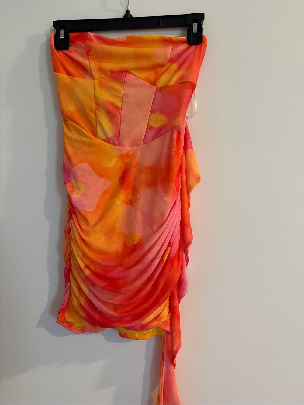 SHEIN Strapless Watercolor Ruched Mini Dress in Coral and Yellow